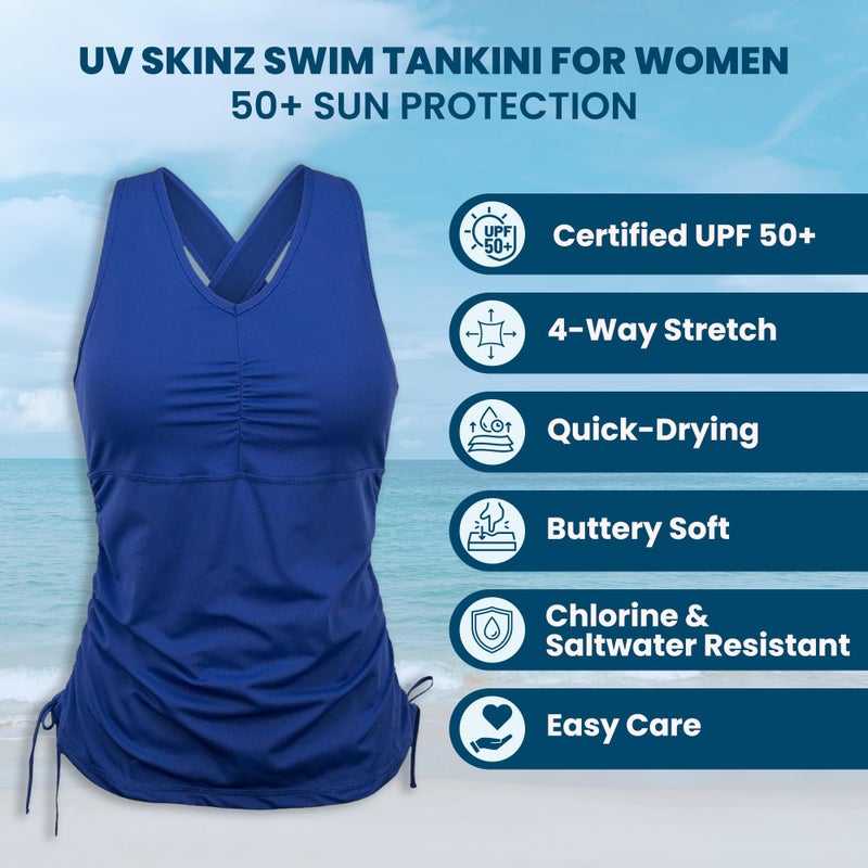 UV SKINZ Women's Swim Tankini â€“ Modest Tankini Top with Built-in Bra Support, UPF 50+ Sun Protection, Flattering Ruched Sides to Conceal Tummy, Comfortable Swimwear for Women - Navy Blue - L - Image 2